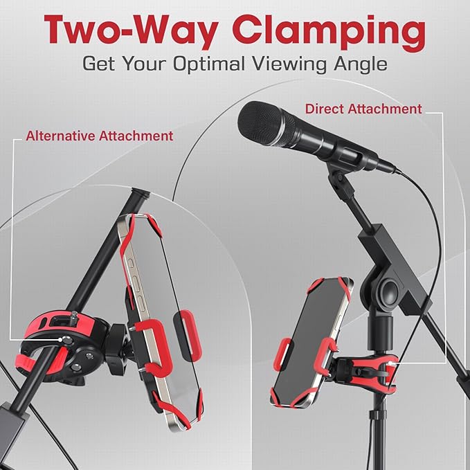 Crescendo CR-30 SlimClip Mic Stand Phone Holder, iPhone Clamp Mount, Pole Phone Mount, Microphone, Music or Drum Stand, Mic/Phone Clip - for iPhone, Samsung Galaxy, Pixel, Any Smartphone (Red)
