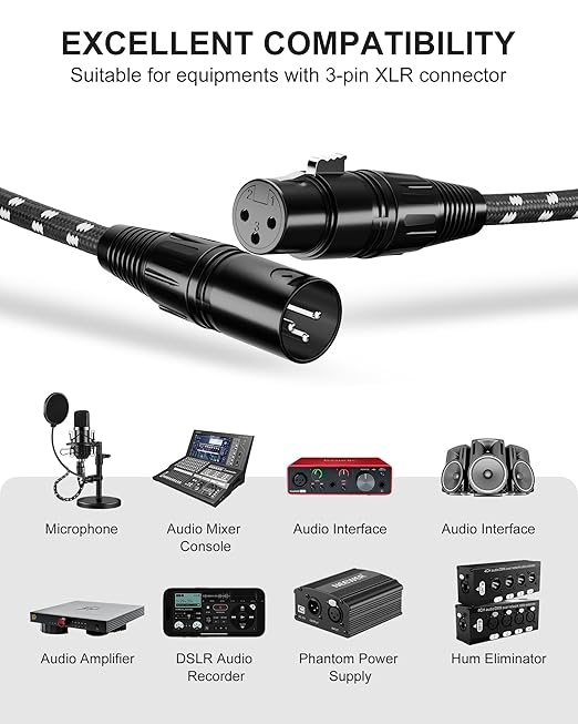 Microphone Cable, XLR Cables 3ft 6 Pack, Braided Balanced Mic Cable Male to Female 3 Pin Connector for Microphones, Mixer, Speaker Systems and More