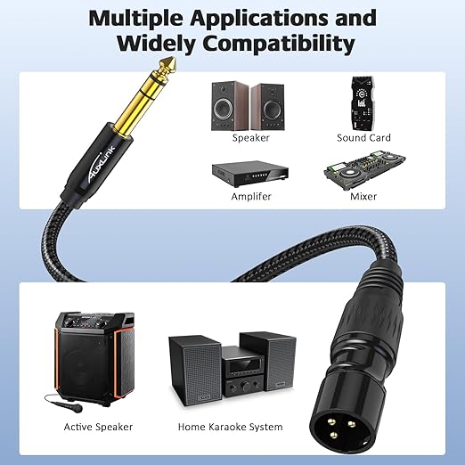 XLR Male to 1/4 Cable 6ft, TRS to 6.35mm Gold-Plated Connectors Nylon Braided, Quarter Inch to XLR Male Cable-1Pack