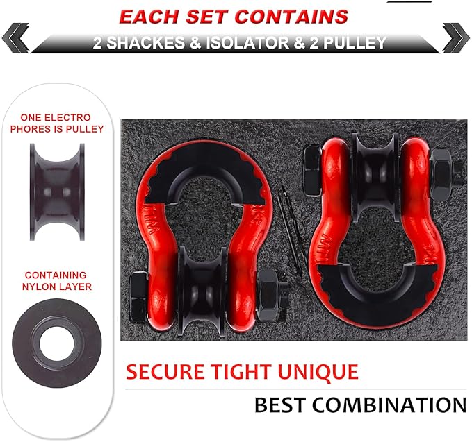 Upgraded Snatch Block, 3/4" D Ring Shackle (2 Pack) 22,000lb Break Strength with Towing Pulley, Heavy Duty Offroad Recovery Accessory for Truck, Tractor, ATV & UTV - Red