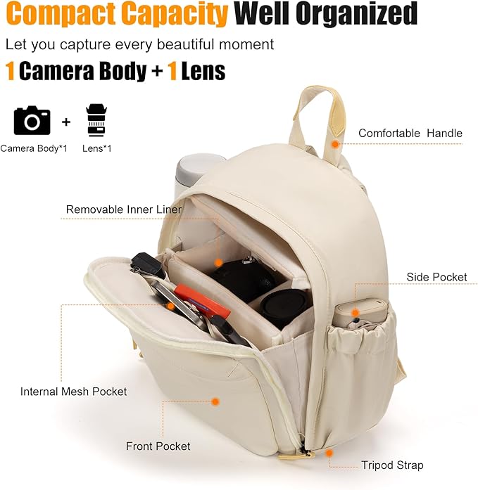 Cwatcun Camera Backpack Bag Small for Women，Fashion DSLR Camera Bag Cute with Tripod Strap and Removable Padded Dividers Lightweight Photograhy Case for Canon/Nikon/Sony Cameras, Off-White