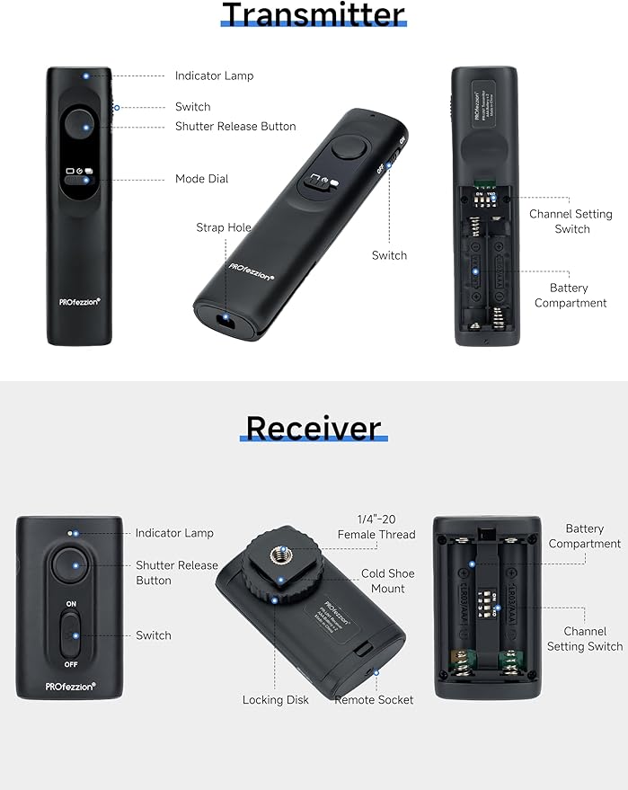 PROfezzion [164'] Wireless Shutter Release Remote Control for Sony A7IV A7II A7 A6600 A6500 A6400 A6300 A6100 A7R A7RII A7RIII A7RIV A7RV A1 A1 II A9 A9II A9III, Radio Control Shutter with AAA Battery