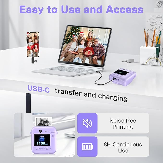 Kids Camera Instant Print, Dual-Lens 48MP Digital Camera for Christmas Birthday Gifts, 1080P Selfie Instant Cameras for Kids with 32GB Card, Print Digital Cameras for Girls Boys-Purple