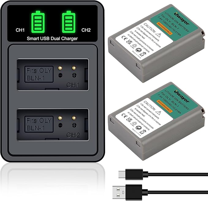 BLN-1 Battery 2 Pack and Dual Charger for Olympus BLN-1, BCN-1 and Olympus OM-D E-M1, OM-D E-M5, Pen E-P5 E-M5 MKII, Pen-F, Pen E-P5, HLD-6 Camera