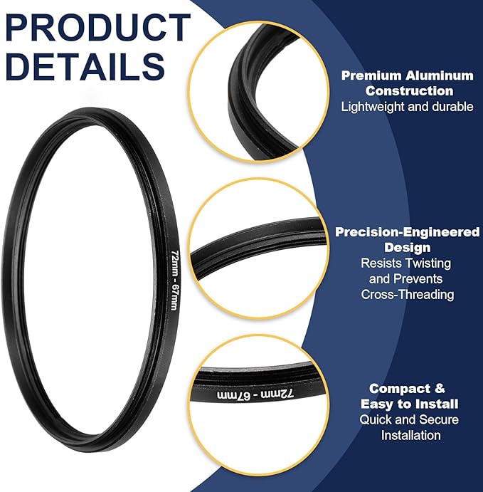 PATIKIL Step Down Ring Adapter 72mm to 67mm, Filter Step-Down Rings Camera Lens Filters Metal Ring Digital for ND IR DSLR Lenses, Black