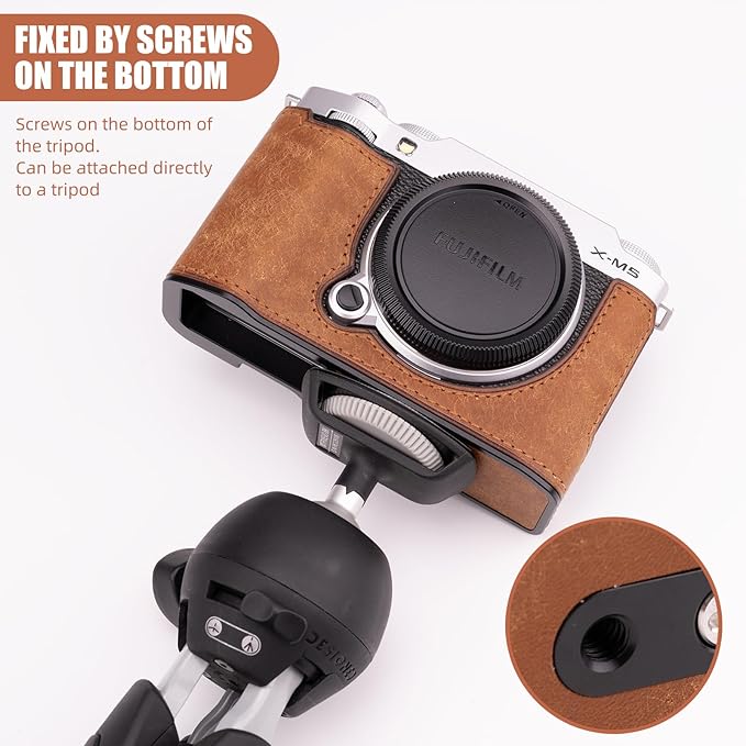 Uchandmade Handmade Genuine Leather Camera Half Case for Fujifilm X-M5/Fujifilm X-M5 Camera Case/Fujifilm X-M5 Case - Top Layer Cowhide Body + Metal Base Plate (Yellowish-Brown)