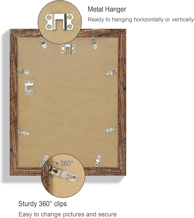 10x13 Picture Frame Set of 4, Made of Real Glass and Rustic Brown Frame, 10 by 13 Photo for Wall or Tabletop - Display Picture 8.5x11 with Mat or 10x13 Without Mat