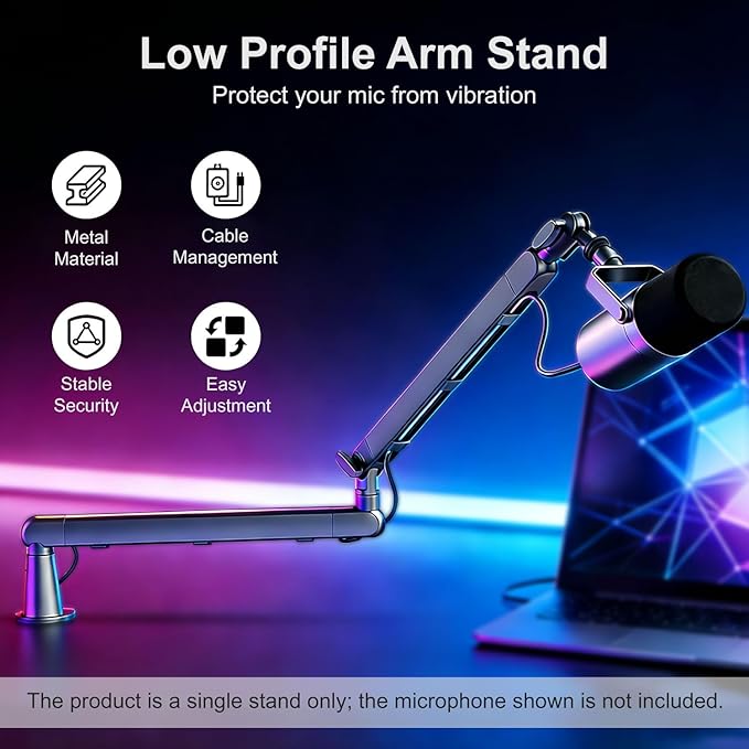 Microphone Boom Arm - Heavy Duty Low Profile Metal Mic Arm Stand with Desk Clamp & Cable Management, 360° Rotatable, Fits Shure SM7B/MV7, Blue Yeti, Fifine AM8, AT2020 for Podcasting & Gaming