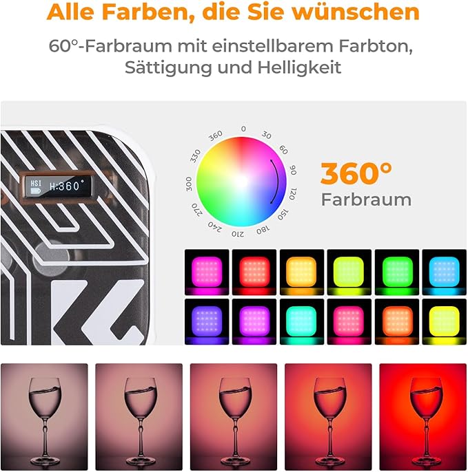 K&F CONCEPT RGB Video Light, 360° Full Color Portable Photography Light, LED Camera Light w 21 Light Effects, 2500K-9900K CRI 96+, 2000mAh Rechargeable Photography Lighting for Vlogging, Selfie, White