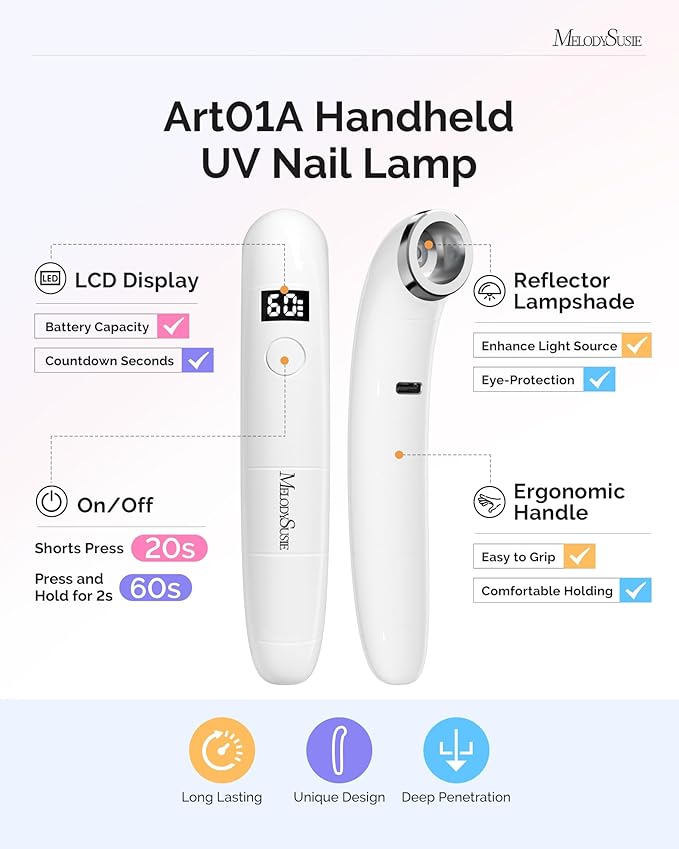 MelodySusie Ergonomic Handheld Cordless UV Nail Lamp with LCD Display & 2 Timers, P-Art01A Rechargeable Mini UV LED Light Flash Cures All Soft Gels, Especially Rhinestone Glue & Liner Gel White