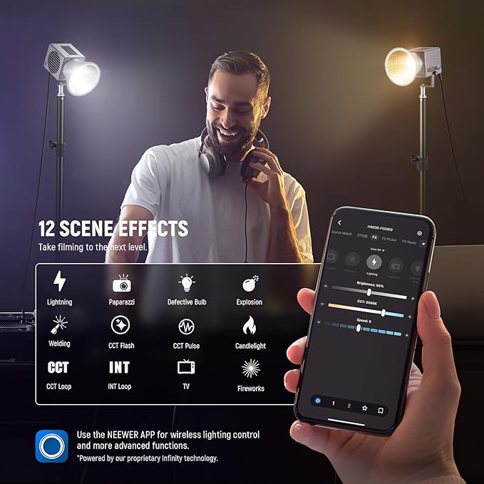 NEEWER HS60B Mini Video Light with App Control, 60W Handheld Portable Bi Color COB LED Continuous Output Lighting with 35000lux/1m 2700-6500K 0-100% PWM Dimming CRI/TLCI 97+ 12 Scenes USB Type C
