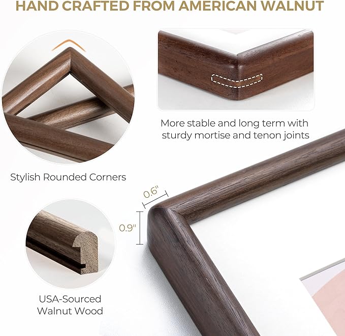 Dreamland 18x24 Frame Matted to 16x20 Solid Walnut Wood Picture Frames Handcrafted Rounded Corner with HD Tempered Glass Tabletop or Wall Mount Display, 1 Pack