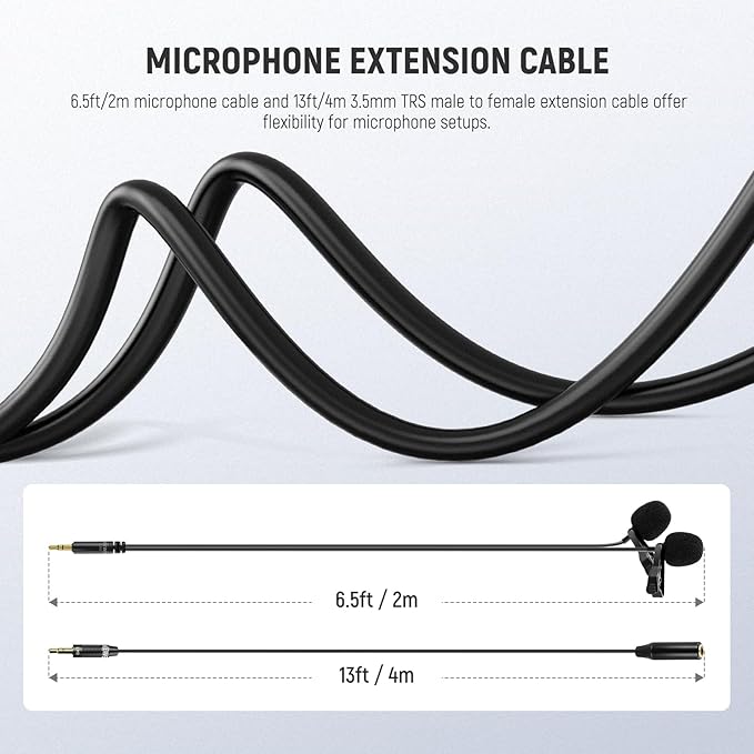 NEEWER 2m Wired Dual Lavalier Microphones with 4m Extension Cable, Mini Clip On Omnidirectional Condenser Lapel Lav Mic 3.5mm TRS for DSLR Mirrorless Camera Camcorder Interview Vlog, LM3