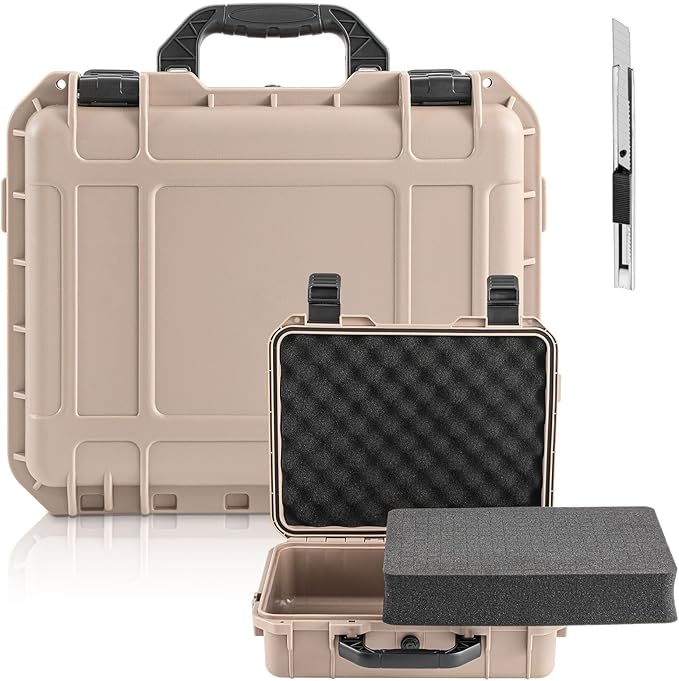 Relaxweex 1 Pcs 16.3 x 12.4 x 6.5 Inch Waterproof Hard Case with DIY Customizable Foam Insert Portable Protective Case with Knife for Camera Drones Equipments Tools Test Instruments (Tan)