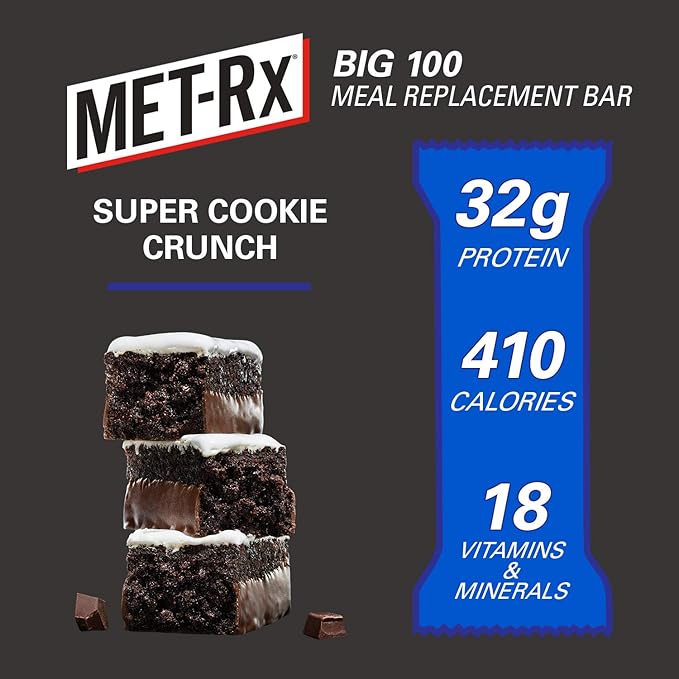 MET-Rx Big 100 Protein Bar, Meal Replacement Bar, 32G Protein, Super Cookie Crunch, 3.52 Oz (Pack of 9)