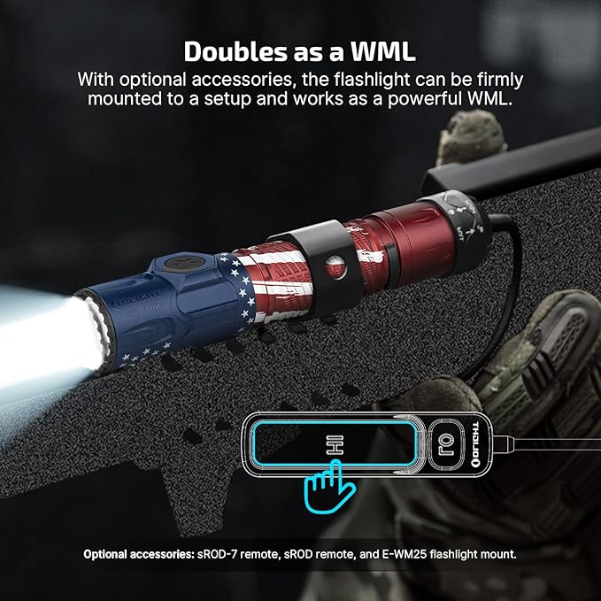 OLIGHT Warrior Ultra 2500 Lumens Tactical Flashlight, Compact Dual Switches Rechargeable Bright Light with Proximity Sensor, Suitable for Emergency, Outdoor, Searching (Stars & Stripes Edition)