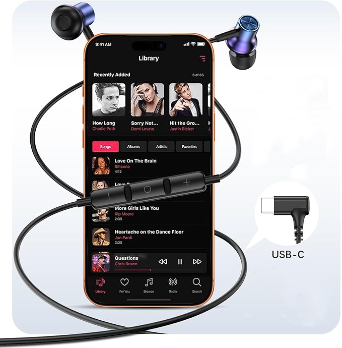 USB C Earbuds for Samsung S26 Ultra S25 Wired Type-C Headphones C Plug 90° Right Angle Earphones for Google Pixel 10a 9 Pro for iPhone 17 Pro 16 15 Cord Headphone with Microphone Volume Control Purple