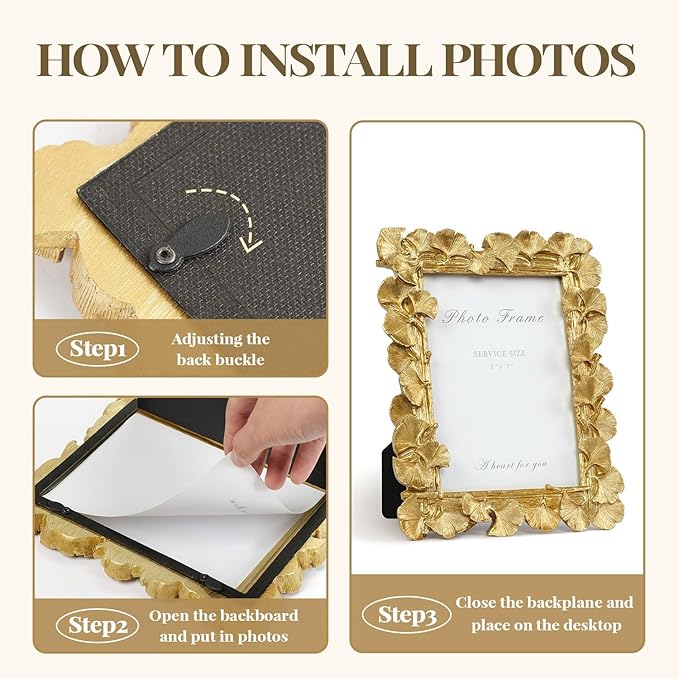 Cuspin 5x7 Picture Frame, Vintage Ornate Gold Resin Frame with Glass Front, Ginkgo Leaf Textured Photo Frame for Wall Hanging or Tabletop Display, Retro Design Home Decor Gift