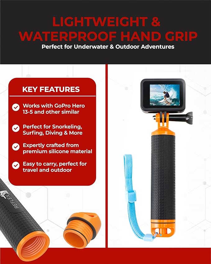 REFLEX CAMERA Waterproof Floating Hand Grip Compatible with Gopro Hero 13/12/11/10/9/8, Akaso, Insta360 & DJI Osmo & Other Action Cameras. Great Floating Handle with Anti Slip Grip & Wrist Strap