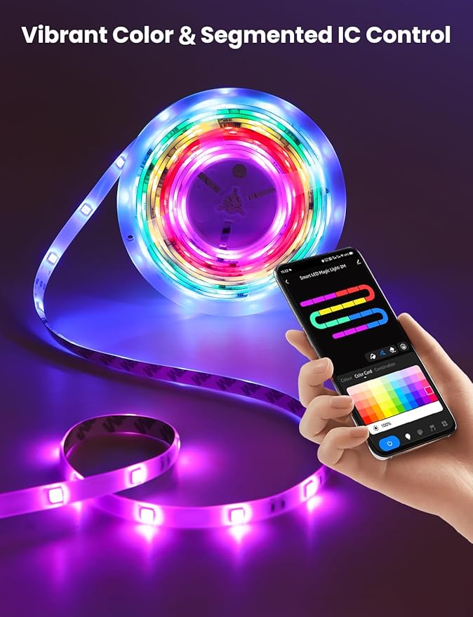 RGB+IC LED Strip Light, 16.4ft Smart LED Light for Bedroom, Bluetooth APP Control, Color Changing LED Strip Lighting, 44 Scene Modes, Music Sync, TV Backlight Behind Strip, Home Decor, Gaming Room