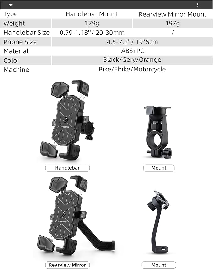 ROCKBROS Motorcycle Phone Holder Mount, Compatible with 4.5-7.1 inch Smartphones, Quick Release Handlebar Clamp, 360 Rotatable, Anti-Slip Silicone for Secure Grip