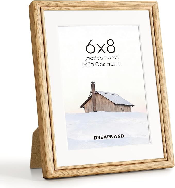 Dreamland 6x8 Picture Frames, Solid Oak Wood 6 by 8 Photo Frame with Stand for Tabletop Display, 6x8 Frame with Mat for 5x7, Rustic Wood 6 x 8 Picture Frame with Tempered Glass