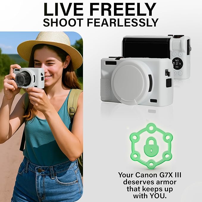STSEETOP Camera Case for Canon PowerShot G7X Mark III - Protective Silicone DSLR Skin with Lens Cover, Detachable Cage, Shockproof, Dustproof (White)