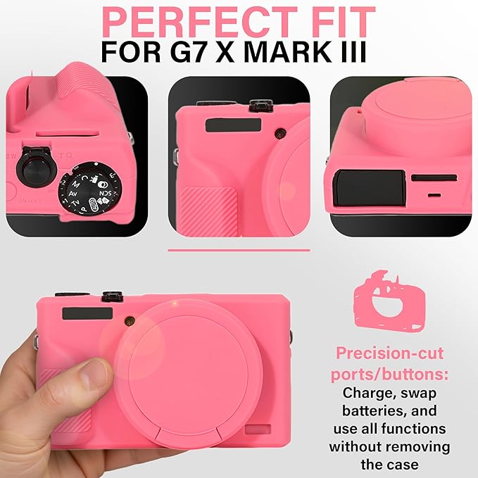 STSEETOP Camera Case for Canon PowerShot G7X Mark III - Protective Silicone DSLR Skin with Lens Cover, Detachable Cage, Shockproof, Dustproof (Azalea Red)