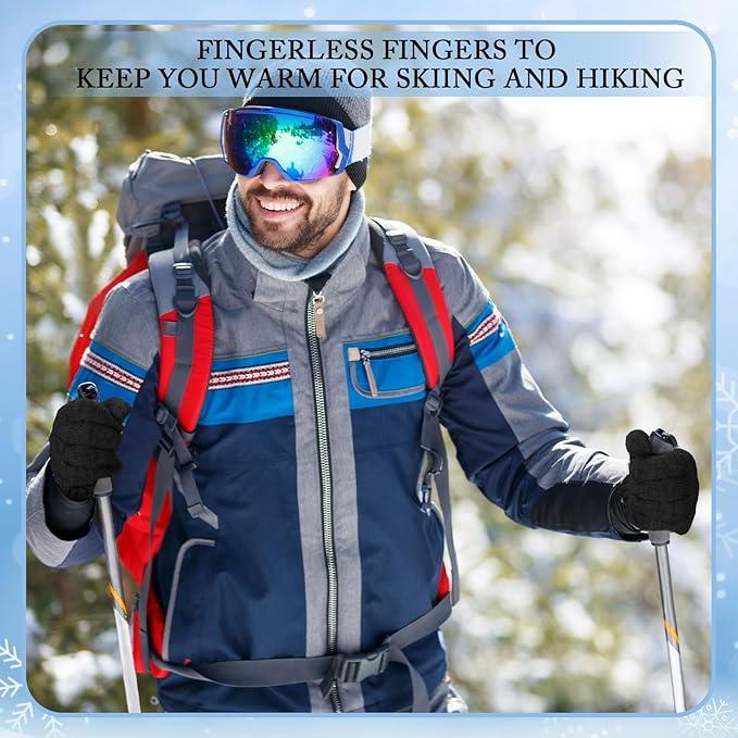 Geyoga 2 Pairs Wool Fingerless Fishing Gloves for Men Women Anti-Slip with Grip Dots Warm Winter Fly Ice Fishing Gloves