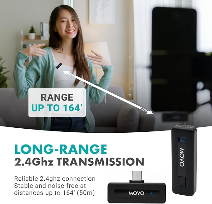 Movo Mini USB-C Duo Wireless Microphone for iPhone 15/16/17 and up - Ultracompact Microphone for iPhone 15/16/17 with Clip on Wireless Lavalier Mic