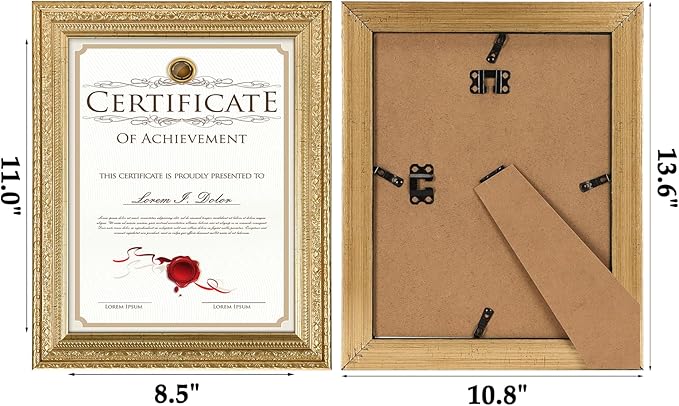 Edenseelake 8.5 x 11 Picture Frames Set of 2, Vintage Gold 8.5 x 11 Diploma Certificate Frame for Tabletop or Wall Display