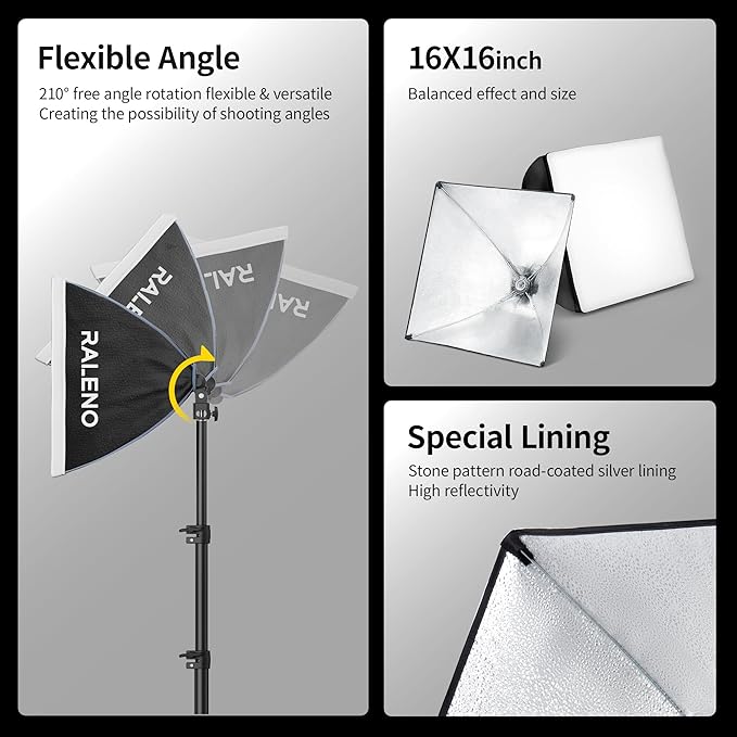 RALENO Softbox Photography Lighting Kit, 16'' x 16'' Softbox Lighting for TikTok with LED Bulb (50W | 5500K | 97 CRI | TLCI≥97), Continuous Light for Video Recording & Photography Shooting