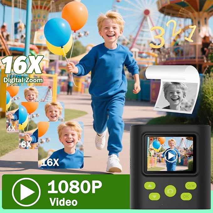 Zicor Kids Camera Instant Print, HD Digital Video & Instant Print Camera for Kids, Fun Christmas Birthday Gifts for Boys and Girls, Comes with 32GB SD Card, Lightweight & Portable - Black