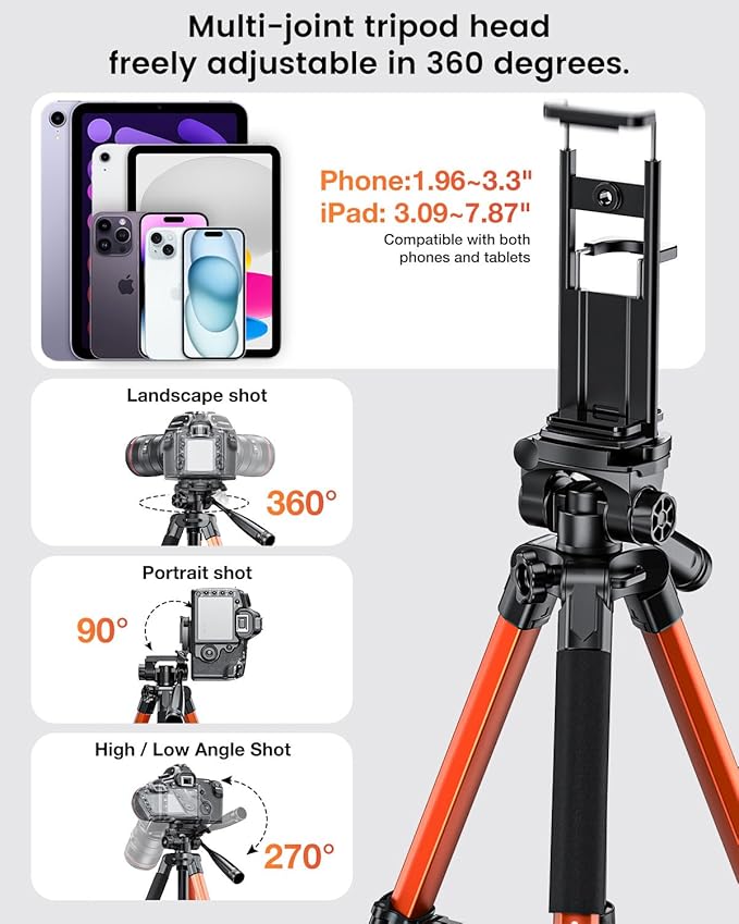 CAMBOFOTO 73" Camera Tripod and Monopod, Professional Aluminum Tripod Stand for Mirrorless Camera/DSLR/Cell Phone/Camcorder/GoPro, with Phone Holder and Travel Bag (Burnt Orange)