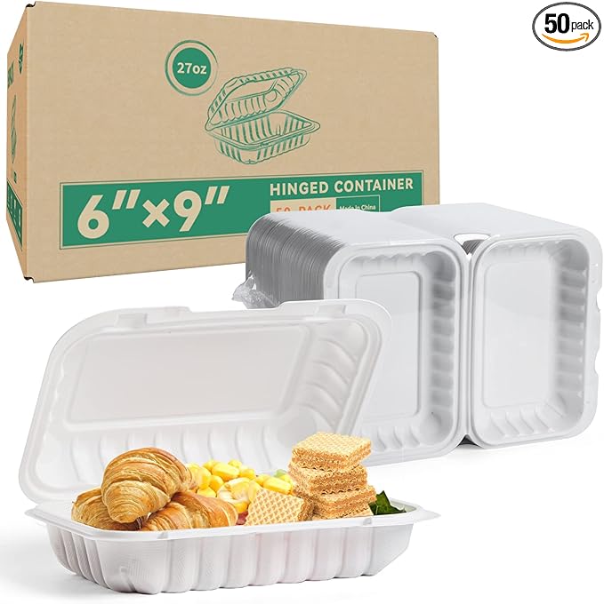 LEOBOX Plastic Containers Mineral Filled PP 9x6 - Shrink Wrap 50 Pack 27oz BPA Free Takeout Box | Freezer Microwave & Dishwasher Safe | Reusable & Disposable Container for To Go Bulk Catering | White