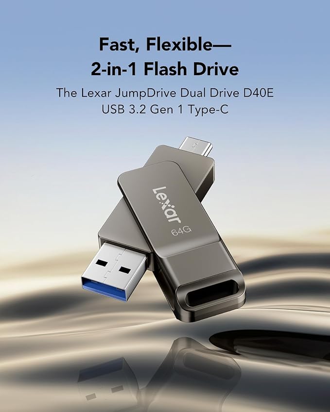 Lexar D40E 64GB Dual USB 3.2 Gen 1 Type-C Jump Drive, USB-C Flash Metal Housing Swivel Design Thumb Drive (Titanium Grey)