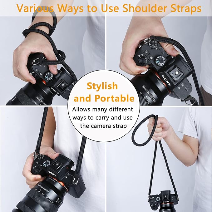 Camera Shoulder Strap - Climbing Rope Neck Strap for Mirrorless & DSLR Cameras, with Lens Cap Keeper (Black)