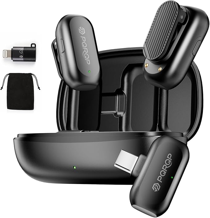 PQRQP Wireless Lavalier Microphone for iPhone/iPad/Android, 164ft Transmission, Mini Microphone with AI Noise Cancellation & Hi-Fi Sound, 24H Charging Case, Mic Ideal for YouTube, Video Recording