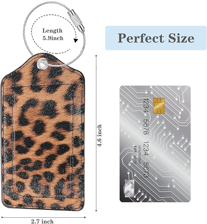 (Set of 2) Luggage Tag Leather Privacy Cover ID Label Address Card with Stainless Steel Loop, Travel Bag Tags Suitcase Labels, Leopard Leather
