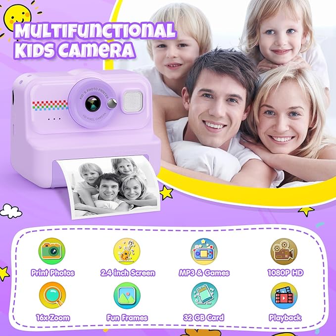 HiMont Kids Camera Instant Print, 1080P HD Instant Print Camera for Kids with 3 Rolls Print Paper & 32GB Card, Selfie Digital Camera for Kid, Ideal Kid Toys Gifts for Boys & Girls Age 3-14 (Purple)