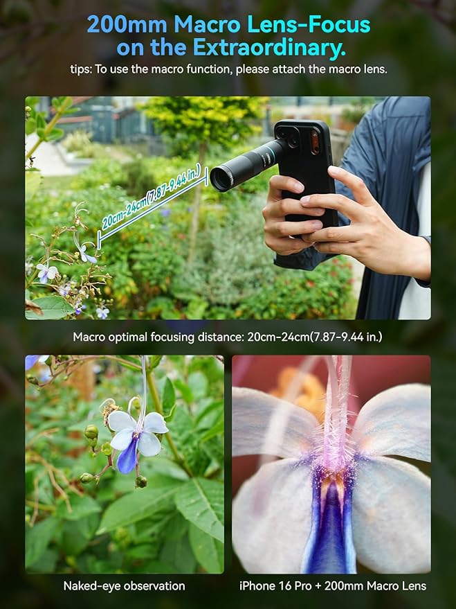 MIAO LAB 10X Telephoto Lens & 200mm Macro Lens, 2-in-1 Aluminum Phone Camera Lens Kit with Universal Clip. Phone Lens Attachment Fit for iPhone 16/15/14/13, Samsung, Android Phone and Most Smartphone