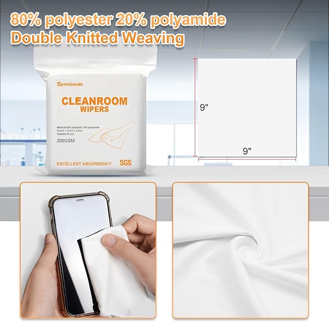 Microfiber Wipes 9"x9"(50 Pcs,Class 100, 200GSM) Superfine Lint Free Cloths Cleaning and Drying Cloths Reusable Ultra Absorbent for All Surface Types