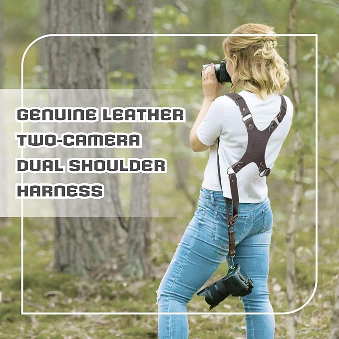 Leather Dual Camera Harness Strap for Photographers,Adjustable Shoulder Crossbody Padded Harness for DSLR SLR