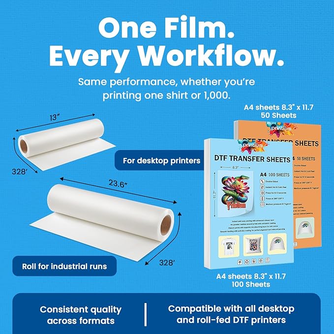 DTF Transfer Film Roll – Premium A3+ 13 inch x 328 ft – Double Matte Anti-Static PET Film – Instant Hot & Cold Peel Heat Transfer Paper for Vibrant Colors & Durable Prints on All Fabrics