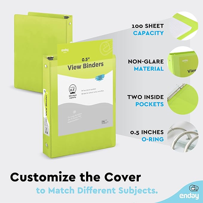 Enday 1/2 inch Binder 3 Ring Binder (6 Pack - Assorted Colors) O-Ring Binder with Clear View Cover and 2 Inside Pocket - for Letter Size 8.5 x 11'' Paper, Ideal for School Supplies, Office, and Home