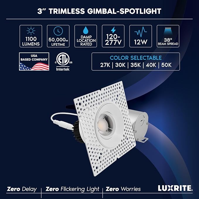 LUXRITE 3-Inch LED Gimbal Adjustable Trimless Spotlight with J-Box, Push N’ Lock, 5CCT 2700K-50000K, 360° Swivel & 15° Tilt, 12W, 1100LM, CRI90, Dual Dimmable, 38° Beam, IC Rated, Damp Rated (4 Pack)