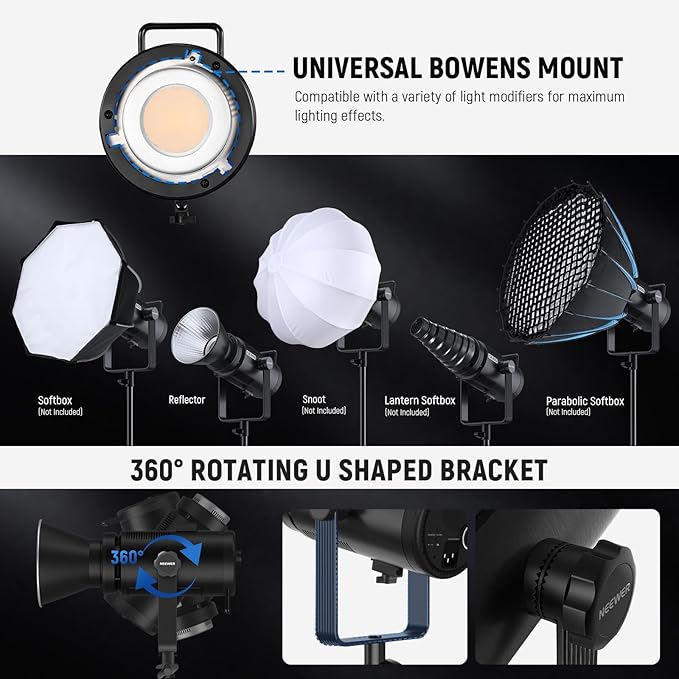 NEEWER CB200C 200W RGBWW COB LED Video Light, APP/2.4G 360° Color 2500K-7500K (Duv±0.0003) 23000lux/m Bowens Metal Shell Silent Continuous Output Lighting TLCI/CRI97+ for Photography Video Recording