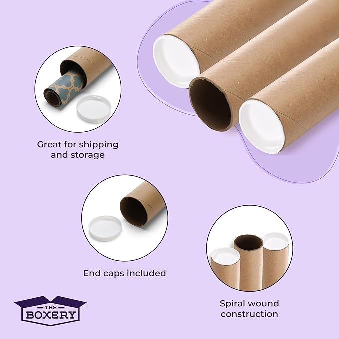 The Boxery Brown/Kraft Shipping, Storage, Posters, Arts, Crafts, Documents, Mailing Tubes 2 inch x 26 inch - 50 PACK, Made in the USA, Reusable and Recyclable