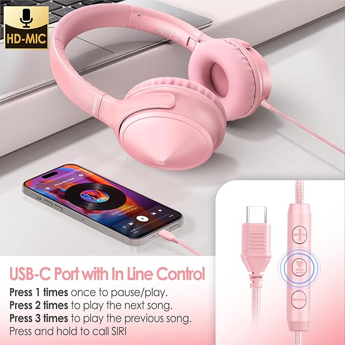USB C Over Ear Headphones Wired, USB C Wired Headphones with Microphone, Volume Control, HD Stereo Sound, Foldable & Lightweight USB Type C Headphone,Pink