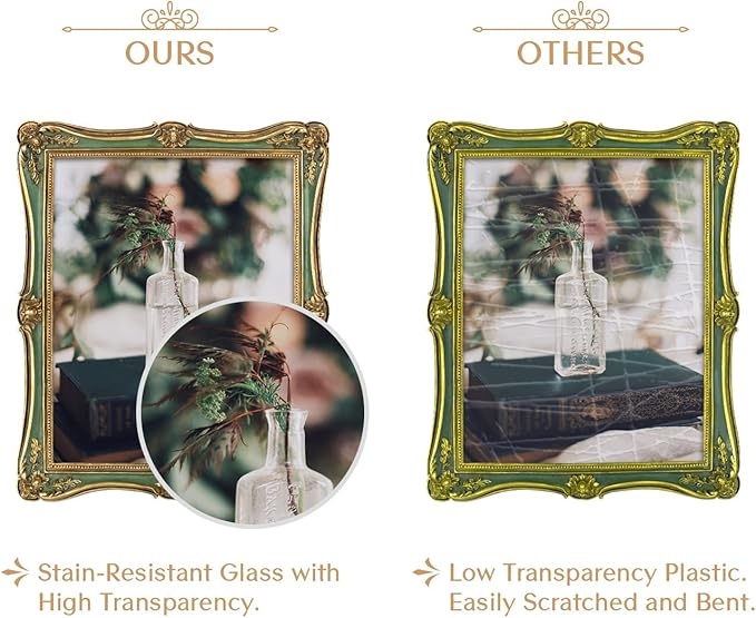 AELS 8x10 Inch Vintage Picture Frame, Elegant Antique Photo Frames with Glass Front, Photo Display, Tabletop Wall Hanging, Gift Ideas, Gold and Green